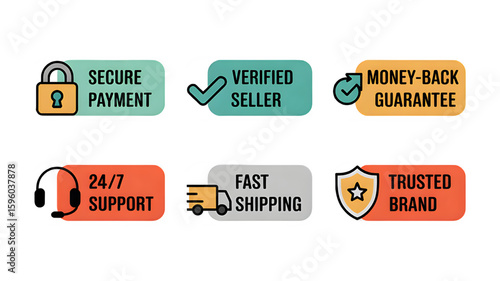Online Shopping Trust Badges: Secure Payment, Verified Seller, 24/7 Support and Fast Shipping