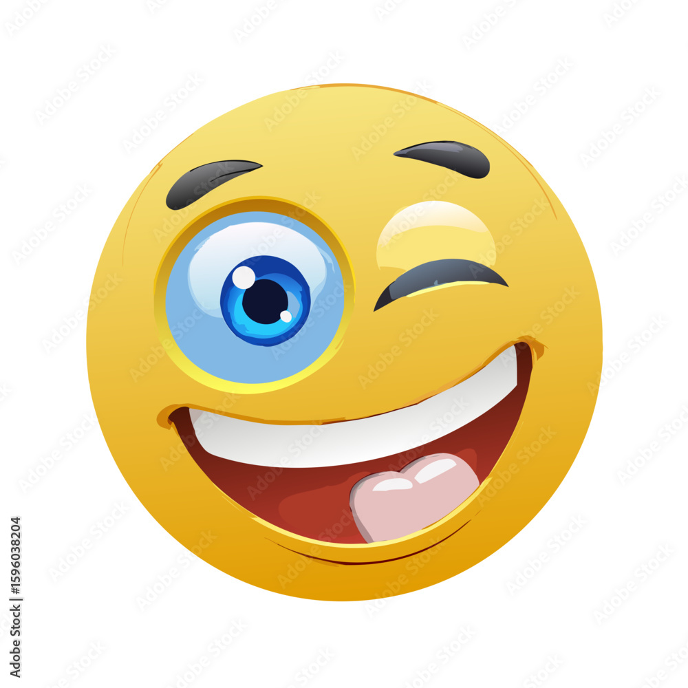 Fototapeta premium Winking Yellow Emoticon with Big Blue Eye and Open Mouth - A Playful and Expressive Symbol of Fun, Flirtation, and Humor