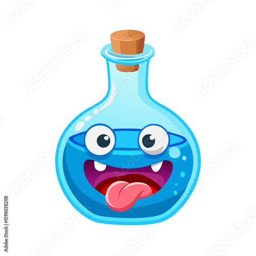 Quirky Cartoon Potion Bottle with a Goofy Face, Blue Liquid, and Protruding Tongue - A Playful Graphic for Magic and Fantasy

