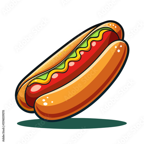 Colorful hot dog with mustard and ketchup on a white background  