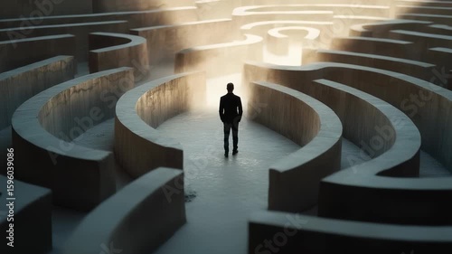 Maze struggle journey: individual confusion, intricate structure, blocked escape, uncertain passage, solution quest, inner turmoil, winding route, problem tension, trapped step, brave attempt,