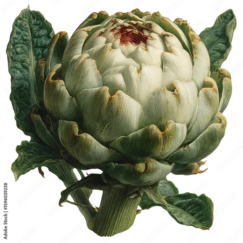 Obraz premium A close-up of a mature artichoke with layered, thick petals and textured leaves extending from the base.
