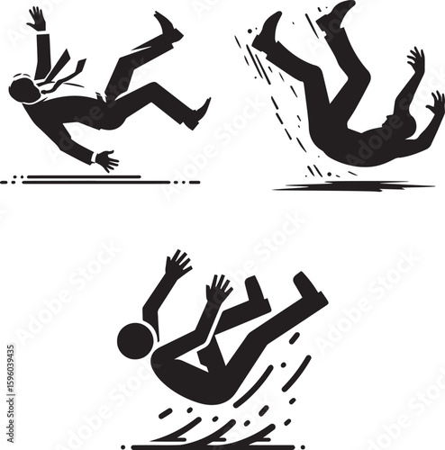 Minimalist black vector of a person slipping or losing balance, one foot raised, arms flailing