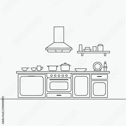 Hand drawn sketch of a modern kitchen counter with stove and hood