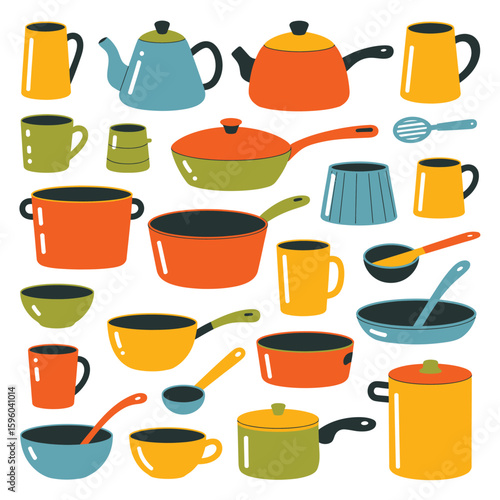 Collection of colorful kitchenware including pots pans mugs and teapots