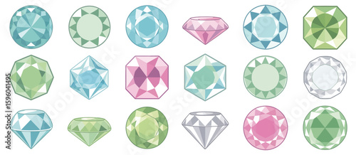 Collection of colorful faceted gemstones and diamonds in various cuts and shapes