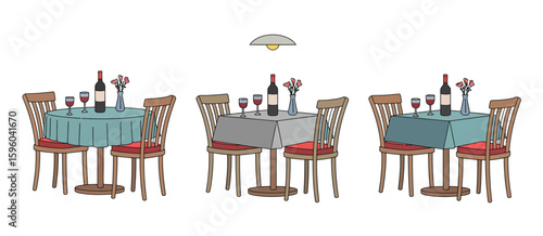 Cozy restaurant tables set for dining with wine bottles and glasses