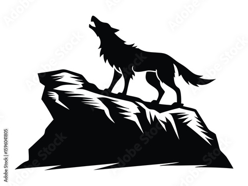 Howling Wolf Silhouette on Rocky Cliff Illustration