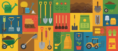 Colorful flat design illustration of gardening tools and supplies