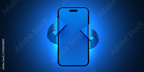 Smartphone with glass arrows on light glow background. Vector illustration