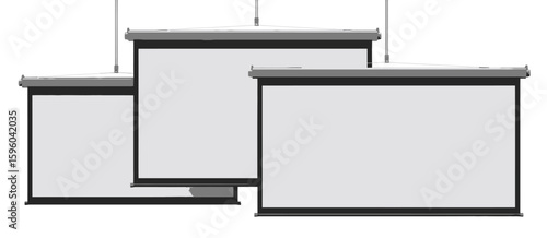 Three empty retractable projection screens hanging from the ceiling