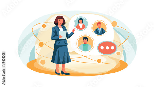 Woman in suit presenting to online meeting with three participants and a speech bubble icon