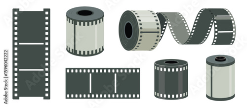 Collection of vintage film reels and strips with perforations