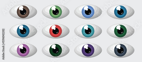 Collection of twelve realistic artificial eyeballs with different colored irises