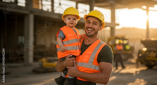 Father and child construction workers safety vests
