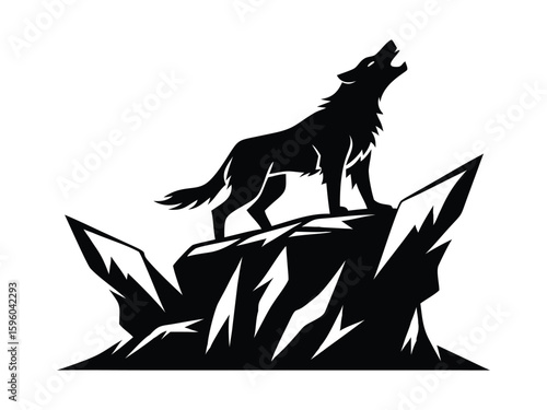 Howling Wolf Silhouette on Rocky Cliff Illustration