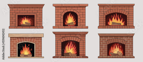 Collection of six different brick fireplaces with glowing fires