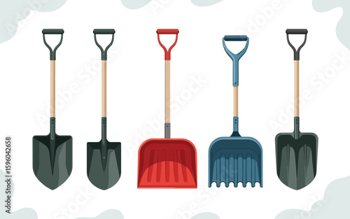 Collection of garden shovels and spades with different colored handles