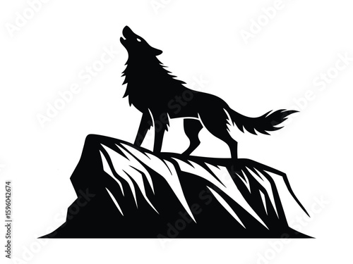 Howling Wolf Silhouette on Rocky Cliff Illustration