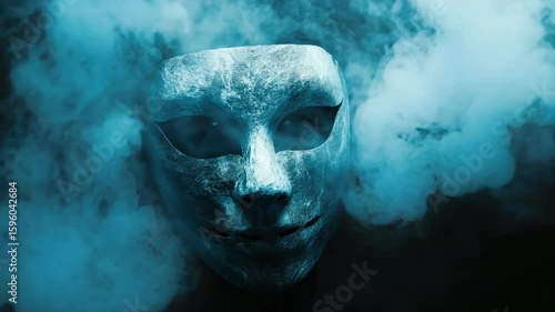 Mysterious masked face surrounded by thick blue smoke