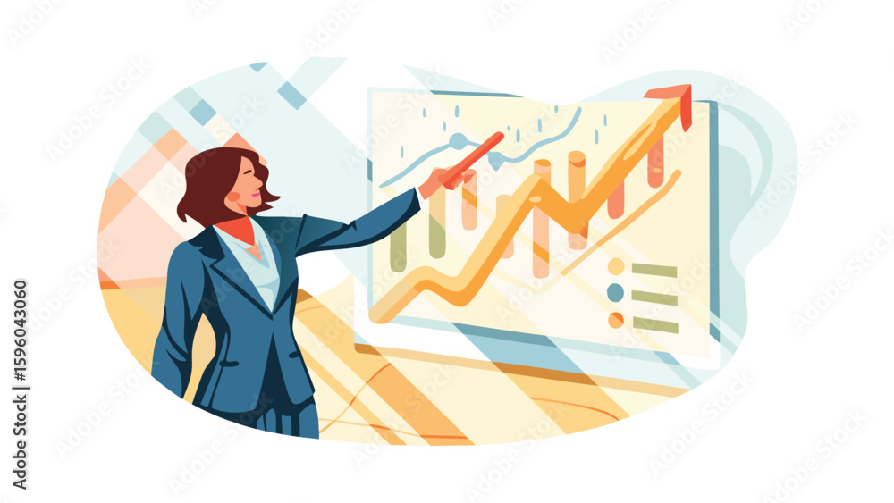Obraz premium Woman in suit presenting upward trending graph with red arrow and bar chart on a white background