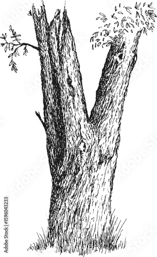 Trunk of large tree with bark in hand draw sketch style. Monochrome vector illustration.