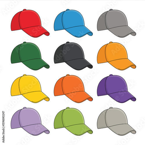 Collection of colorful baseball caps in a grid layout