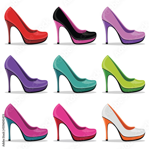 Collection of nine colorful high heel shoes on a white background