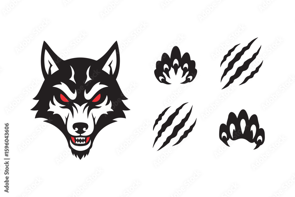 Obraz premium Fierce Wolf Mascot Head with Aggressive Claw Mark and Paw Print Graphics