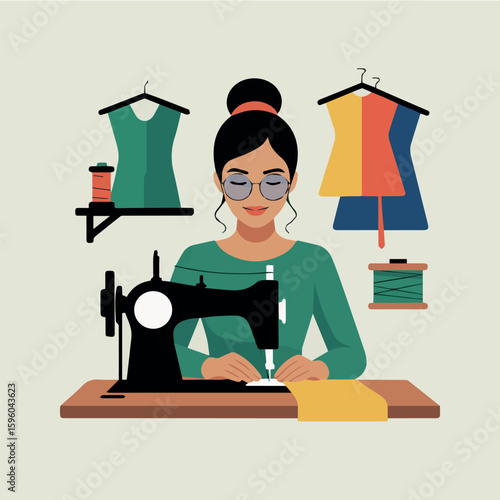 Clean and modern vector  woman sewing fashion dress design with sewing machine in tailor shop studio dressmaking illustration