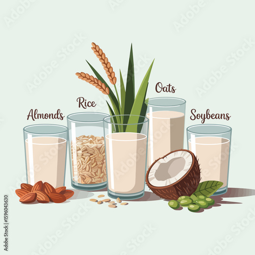Assortment of plant based milks with ingredients