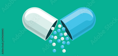 Open capsule releasing small blue and white pellets on teal background