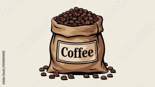 Rustic burlap sack overflowing with roasted coffee beans and scattered beans