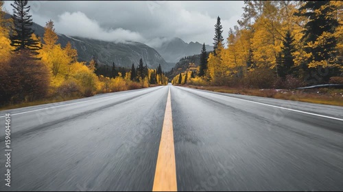  A long, empty road stretches through a vibrant autumn landscape, flanked by golden trees and misty mountains in the background. 