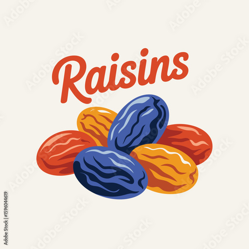 Pile of colorful raisins with the word raisins above