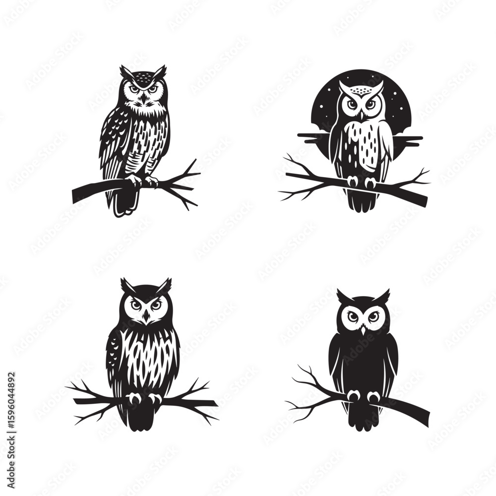Obraz premium Four Black and White Owl Silhouettes Perched on Branches