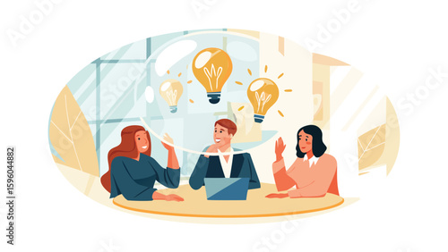 Three people at a table with lightbulbs representing ideas in a collaborative brainstorming session