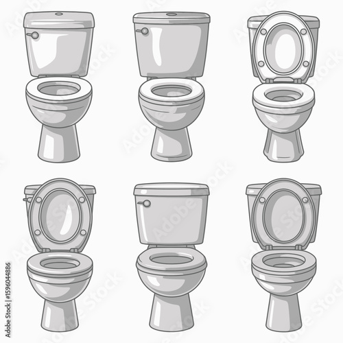 Collection of six different toilet designs in a clean illustration style