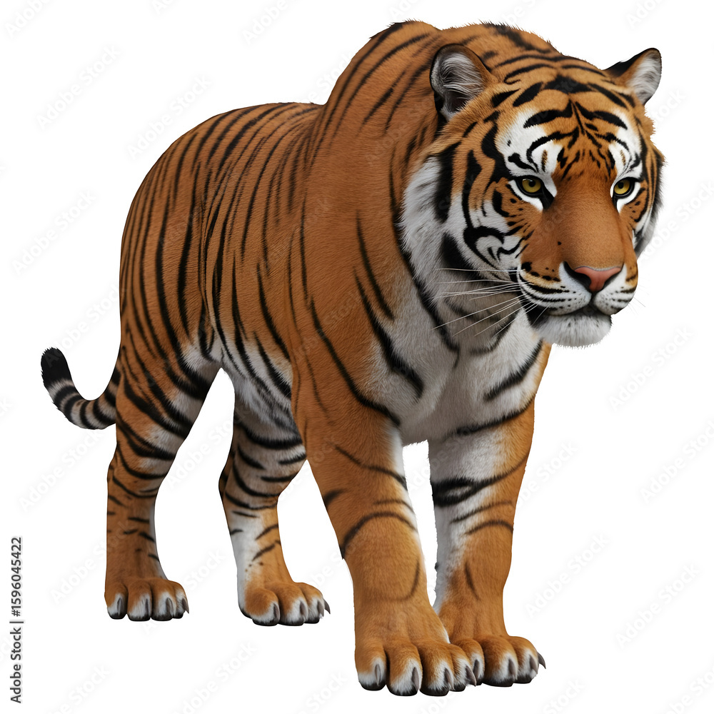 Naklejka premium Majestic Tiger Prowling Isolated on White Background