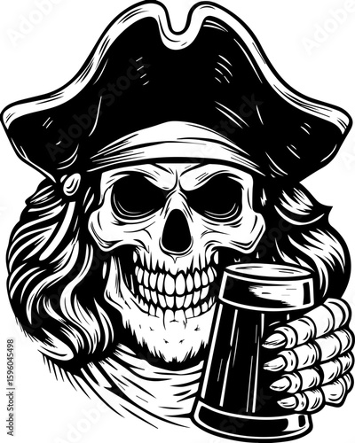 SVG skull of a skeleton pirate captain for tattoo style, Halloween theme. Skull Pirate with Mug in Black and White Vintage Style Illustration