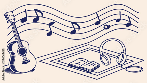 Acoustic guitar music notes headphones and book line art illustration.