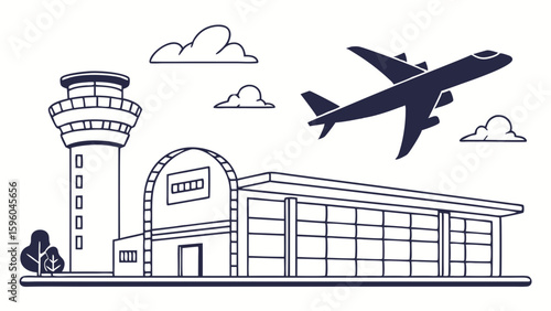 Airport Terminal with Control Tower and Airplane Taking Off.