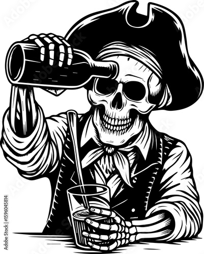 SVG skull of a skeleton pirate captain for tattoo style, Halloween theme. Skeleton Pirate Pouring Drink into Glass in Vintage Style Artwork