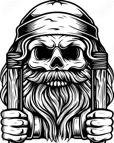 SVG skull of a skeleton pirate captain for tattoo style, Halloween theme. Skull with Beard and Tools, Vintage Black and White Design