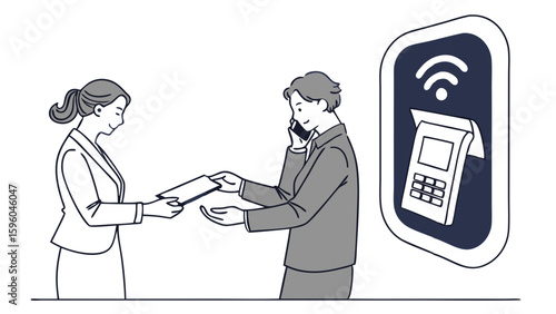 Businesswomen Exchanging Documents Near Wireless Payment Terminal.