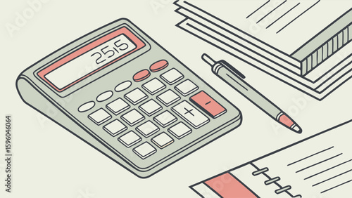 Calculator Pen and Paper Stack Illustration with Isometric Perspective.