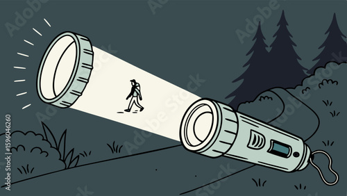 Cartoon hiker illuminated by a flashlight in a dark forest.