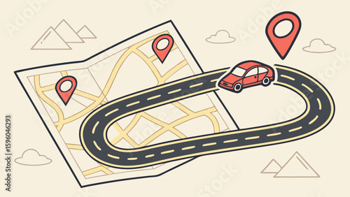 Cartoon Illustration of a Car Navigating a Map with Markers.