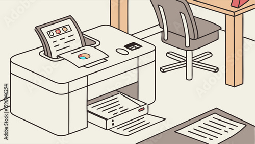 Cartoon illustration of a printer in an office setting.