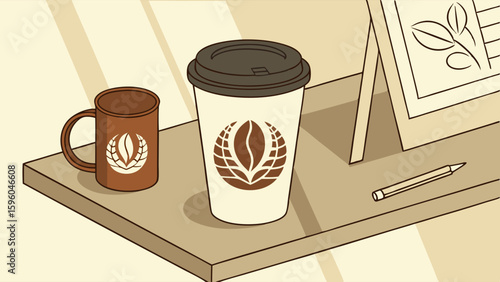 Coffee Cup and Mug with Logo Pencil and Sketch on Table.